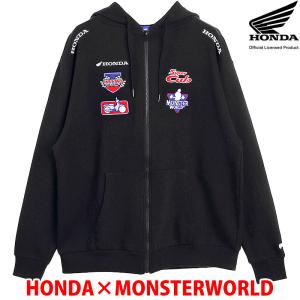 HONDA×MONSTER WORLD ZIPパーカー B ブラック サイドポケット フード付 スーパーカブ刺繍 長袖 スウェット生地 メンズ レディース ホンダ コラボ 51882802
