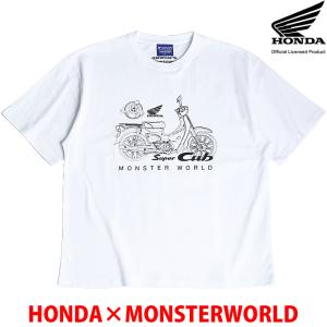 HONDA×MONSTER WORLD 半袖 Tシャツ スーパーカブ ホワイト 綿100％ クルーネック メンズ レディース ホンダ コラボ ラインアート 53882802