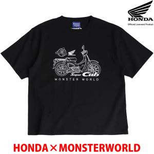 HONDA×MONSTER WORLD 半袖 Tシャツ スーパーカブ ブラック 綿100％ クルーネック メンズ レディース ホンダ コラボ ラインアート 53882802