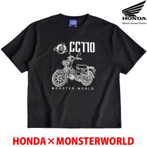 HONDA×MONSTER WORLD 半袖 Tシャツ クロスカブ CC110 ブラック 綿100％ クルーネック メンズ レディース ホンダ コラボ ラインアート 53882805