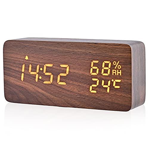 デジタル目覚まし時計 木製置き時計 LED時間表示3目覚まし時計設定 USB給電 き湿度と温度検出電...