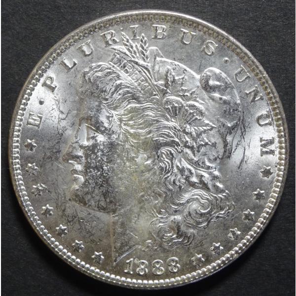 1888年　 アメリカ、モルガン1ドル銀貨、UNC