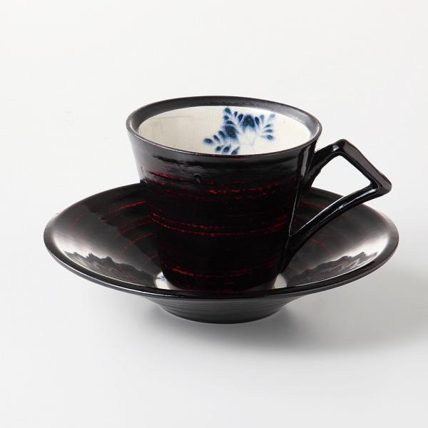 漆陶そう吉 コーヒーc/s シダ曙（黒）[品：碗×1／φ8.5×7.5cm・200cc、皿×1／φ1...