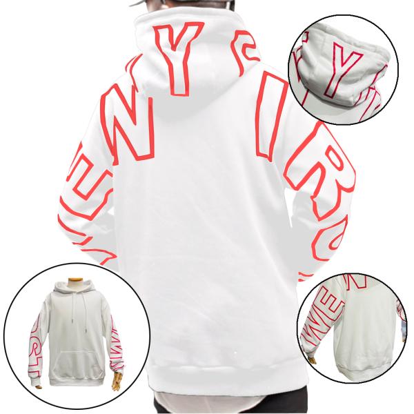 パーカー メンズ 長袖 白 赤 バックプリント ストリート系 デカロゴ オーバーサイズ 派手 ビーロ...