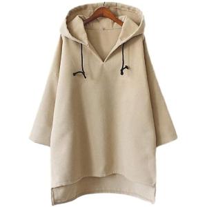 チュニック 丈 前後 差 フード パーカー(ベージュ, XL)
