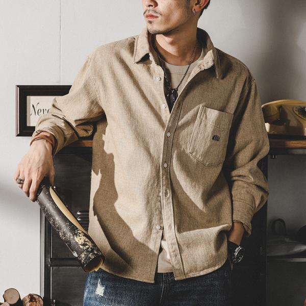 ワークシャツ メンズ 長袖 レトロ 英文字刺繍入り 無地 ポケット付き シャツジャケット 丈夫 ライ...