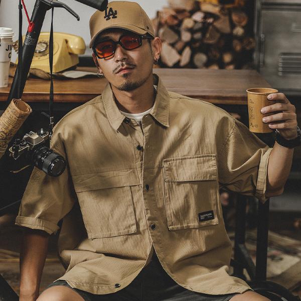 メンズ ワークシャツ アメカジスタイル 大容量ポケット カジュアルシャツ ソフト ストライプ ゆった...