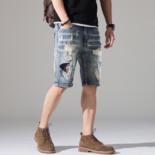 ハーフパンツ 短パン デニム メンズ ストレッチ 個性 デザイン ヴィンテージ ストレッチ カジュア...