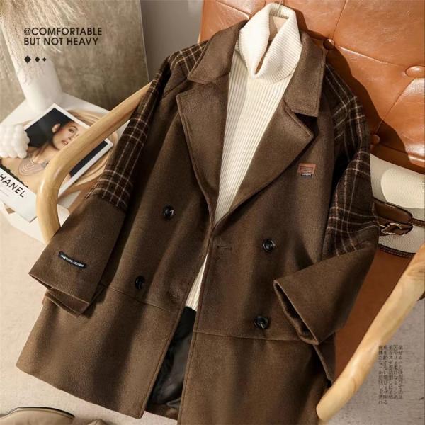 カシミアコート レディース ピーコート チェック柄 切り替え レトロモダン ミドル丈 柄物 ウール ...