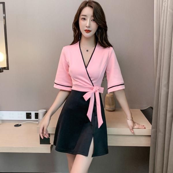 ワンピース Aライン レディース 五分袖 ベルスリーブ Vネック 裾スリット リボン 配色デザイン ...