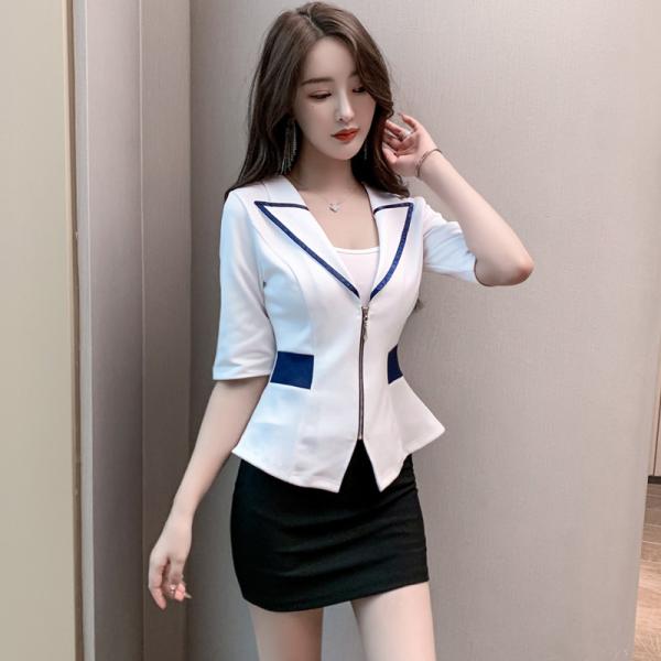 スーツセット 2点セット テーラード ジャケット スカート レディース 五分袖 ライトアウター ジッ...