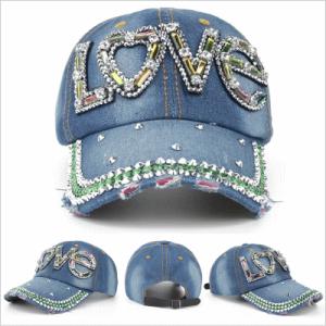 レディース キャップ カラフルラインストーン &quot;LOVE&quot; ヴィンテージ デニムキャップ