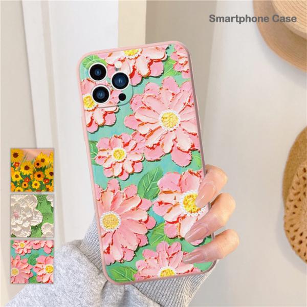 油絵風プリント ストラップ付 スマホケース  アートプリント ストラップホール 耐衝撃  背面 TP...