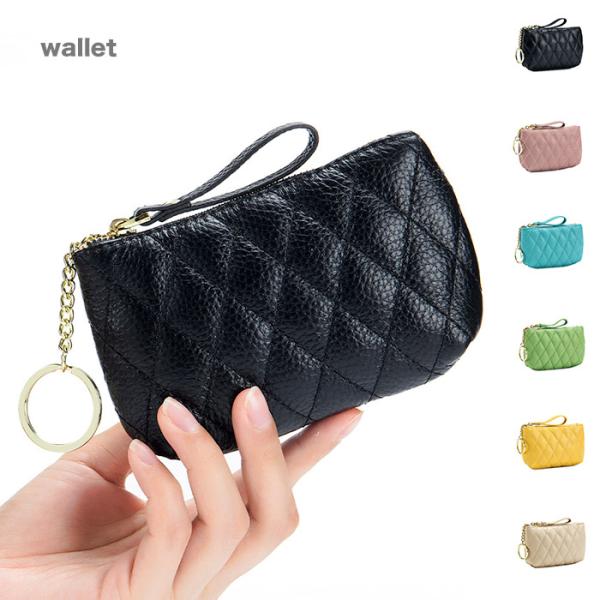 マルチポーチ 可愛い キルティング ミニ財布 本革レザー キーチェーン チェック柄 ファスナー付き ...