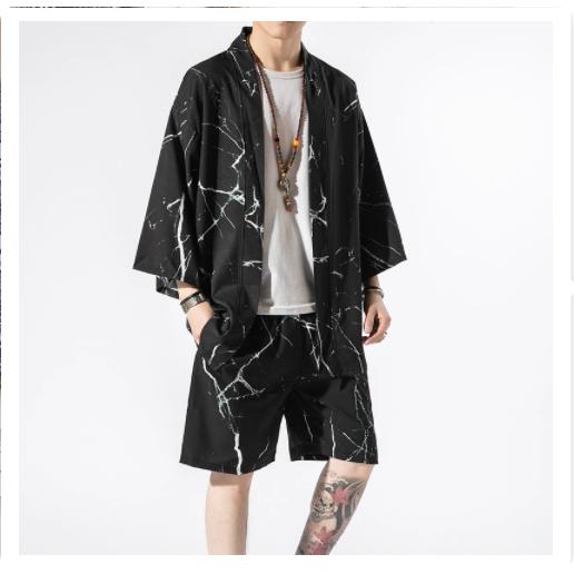 甚平セットアップ 夏服 羽織 メンズ ショートパンツ 花柄 浴衣風 鶴柄 ２点セット 和風 着物風 ...