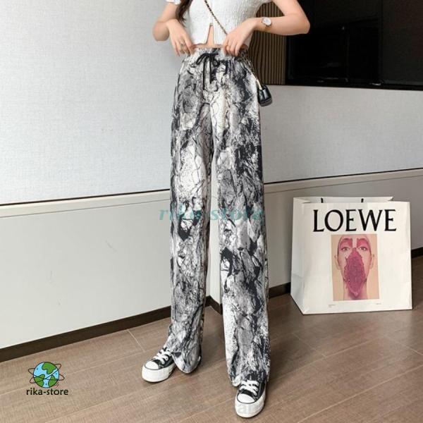パンツ 接触冷感 レディース ワイドパンツ 柄 ストレートパンツ ウエストゴム 薄手 ズボン ロング...