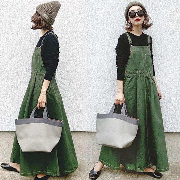 デニム サロペットスカート 大きいサイズ ゆったり 綿 ワンピース Aライン 春秋 ロングワンピース...