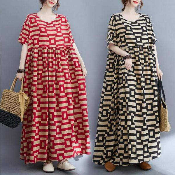 花柄 ロング ワンピース チュニック ゆったり 体型カバー 半袖 レディース リネン 綿 麻 長袖 ...