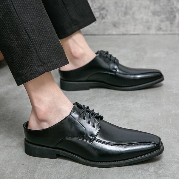 かかとなしビジネス スニーカー メンズ スリッポン かかと無し レースアップ スリッパ レザー通気 ...