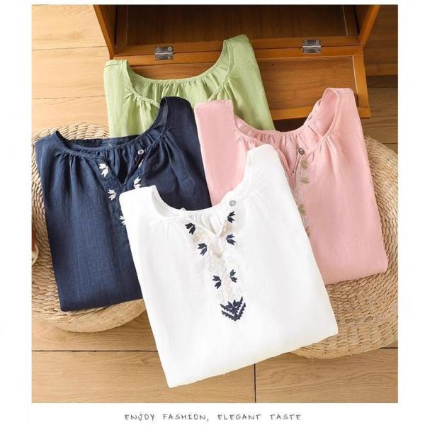 /七分袖シャツブラウスＴシャツカジュアル 森ガール風 エスニック風ナチュラルリネン綿麻フラワース大人...