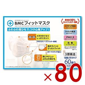 BMC フィットマスク レギュラー 60枚入 1日使い切りタイプ ビーエムシー ふつうサイズ 不織布マスク 耳が痛くなりにくい 80個｜sgline