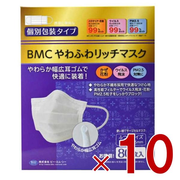 【4/5 P4倍!】BMC やわふわリッチマスク ふつう 白 80枚 立体 サージカルマスク 不織布...