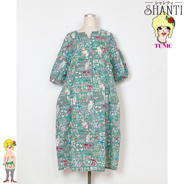 TUNICチュニック 綿80ローンサッカー　リボン＆鴨居キャラ・Vネック6分袖・ボリューム袖ワンピー...