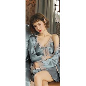 ルームウェア サテン パジャマ 部屋着 キャミソール ガウン サテンルームウェア レース レディース...