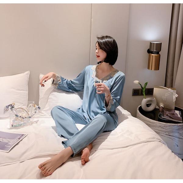 ルームウェア サテン パジャマ 部屋着 サテンルームウェア レース レディース 長袖 シェルフラン