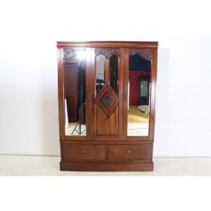 wr-4　1890年代イギリス製アンティーク　ビクトリアン　マホガニー　ミラー付き　2ドア　彫刻　ワ...