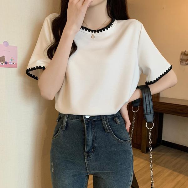 レディース 半袖 Tシャツ 丸首 コントラストトリム ゆったり 柔らか 通勤 カジュアル 夏用 トッ...