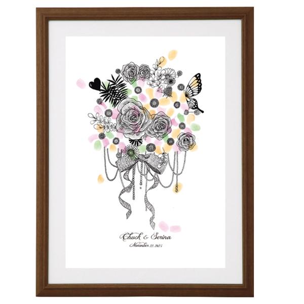 ローズブーケのウェルカムボード「マルカSサイズ（30-80名用）スタンプ付き」  ゲスト参加型 拇印...