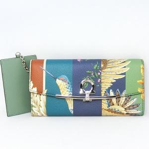 FERRAGAMO（フェラガモ） ガンチーニ長財布 鳥柄 ホワイト ブルー系 鳥