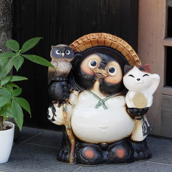 信楽焼 13号ふくろう猫持ち狸 たぬき タヌキ 開運 縁起物 可愛い ネコ 商売繁盛 ギフト 開店祝...