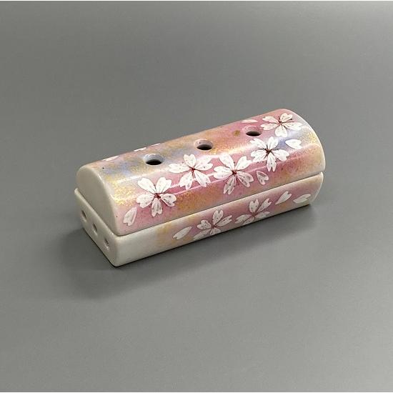 【新柄】九谷焼 筒型 香彩器 中　花の舞　蓋付き寝かせ香炉
