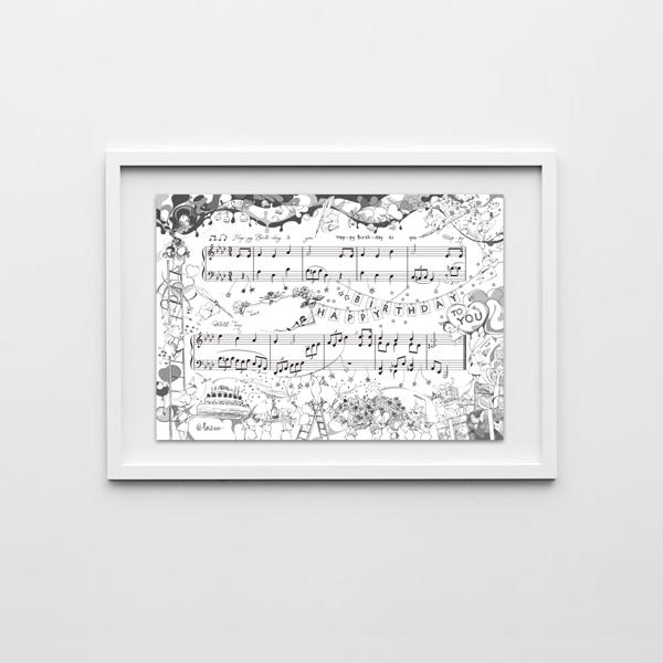 飾りたくなる楽譜 ハッピー・バースデー・トゥ・ユー（モノクロ） ／ ANZ-OO ARTWORKS