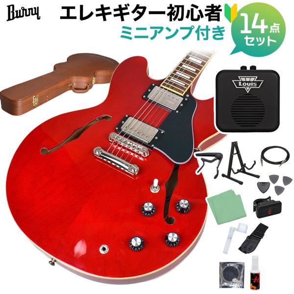 バーニー SRSA65 Cherry エレキギター初心者14点セット 〔ミニアンプ付き〕 セミアコ ...