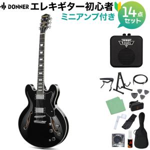 Donner ドナー DJP-1000 Black エレキギター初心者14点セット 〔ミニアンプ付き〕 セミアコ セミホロウ ブラック 黒｜shimamura