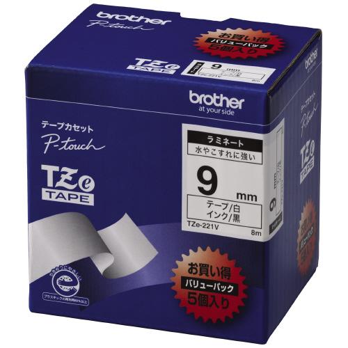 ブラザー ピータッチ用TZeテープカセット 白に黒文字9ミリ幅 5本パック TZE-221V グリー...