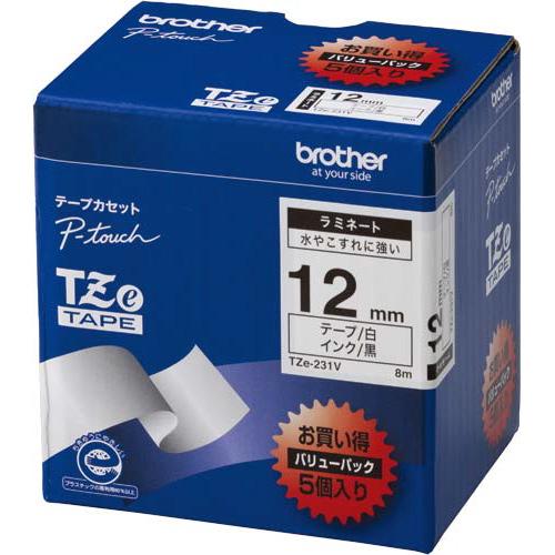 ブラザー ピータッチ用ＴＺｅテープカセット 白に黒文字１２ミリ幅 ５本パック ＴＺＥ−２３１Ｖ