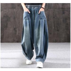 パンツ 春新作 デニムワイドパンツ サルエルパンツ　ゆったりデニムパンツ レディース 九分丈パンツ デザイン 女性 ゆったり 体型カバー 着痩せ