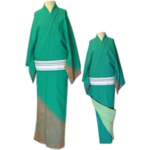 仕立上 男物 絵羽 附下“胴抜仕立”≪緑地 箔押葉柄≫八掛仕立 八掛茶