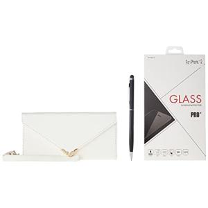 株式会社GLOW iPhone 12ストラップ付 多機能収納 手帳型ケース ホワイト 強化ガラス＆タッチペン付き405-1-03