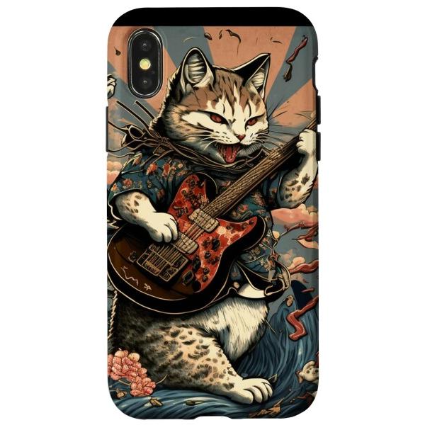 iPhone X/XS ヘビーギターを弾く猫 ミュージシャン 猫好き スマホケース