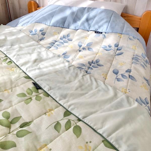 ガーゼケット リーフ柄 衿付き 日本製 ブルー グリーン 洗濯機丸洗い可能 寝具 花柄 国産 肌掛け...