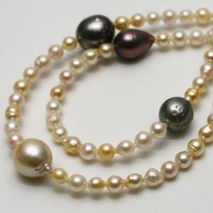 南洋白蝶/タヒチ黒蝶真珠パールロングネックレス マルチカラー 13-8mm