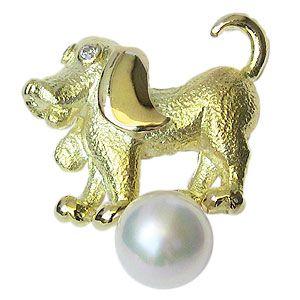 ブローチ 真珠 犬 パール あこや本真珠 k18 ゴールド ピンブローチ