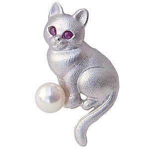 真珠 パール 猫ピンズ アコヤ本真珠 6-6.5mm ピンブローチ ラペルピン