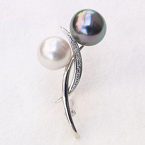 ブローチ 真珠 南洋白蝶真珠 タヒチ黒蝶真珠 ダイヤモンド 10mm