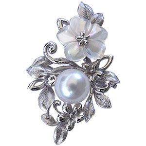 ブローチ 花 真珠パール 兼 ペンダント 南洋白蝶真珠 ホワイト系 直径